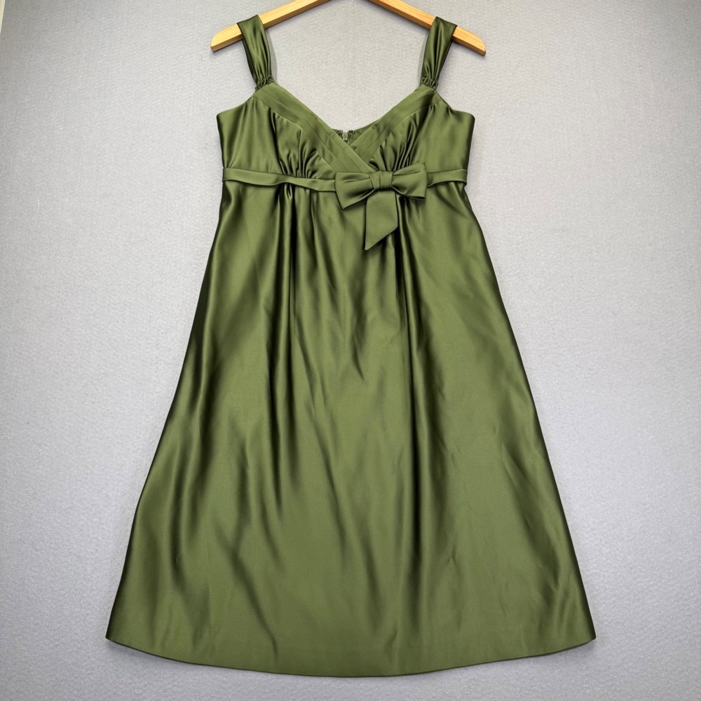 Melissa Sweet Olive Green Satin Empire Waist Bow Cocktail Dress Womens Size 4